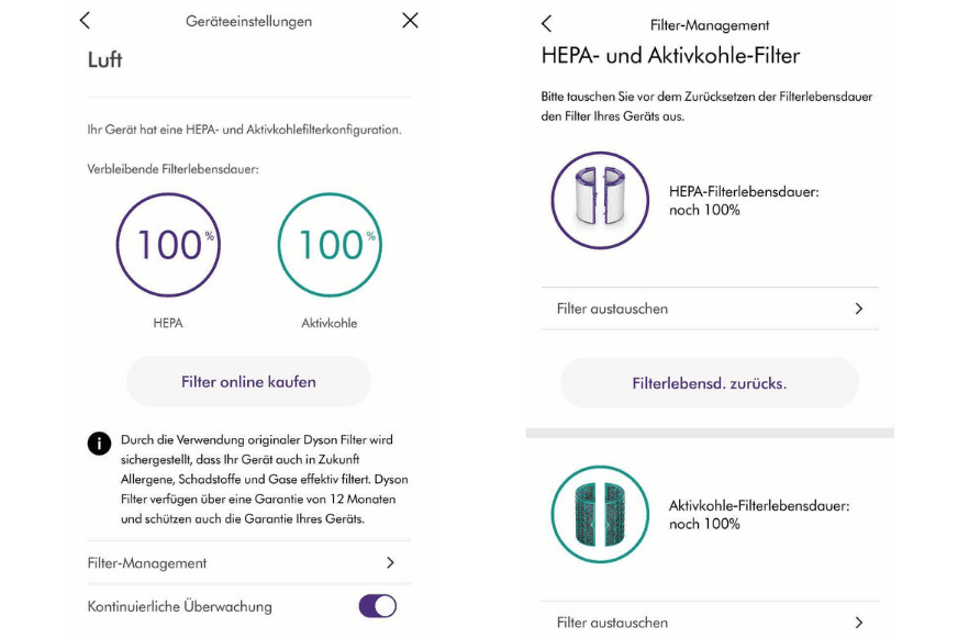 Das Filtermanagement zeigt, welche Filtereinheiten im Dyson Pure Cool TP04 verbaut sind und in welchem Zustand der Abnutzung der HEPA- und Aktivkohlefilter sich befinden